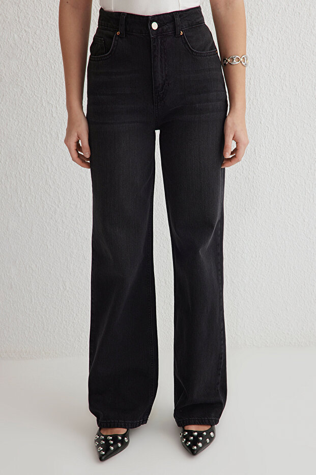 Siyah Yüksek Bel Wide Leg Geniş Paça %100 Pamuk Non-Stretch Jeans TWOSS25JE00060 - 3