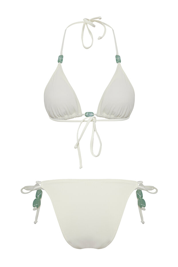 Ekru Aksesuarlı Üçgen Kaplı Brazilian Düşük Bel Bikini Takımı TBESS25BT00056 - 6