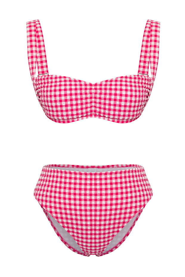 Pötikare Desenli Dokulu Bralette Kaplı Büzgülü Hipster Normal Bel Bikini Takımı TBESS25BT00036 - 6