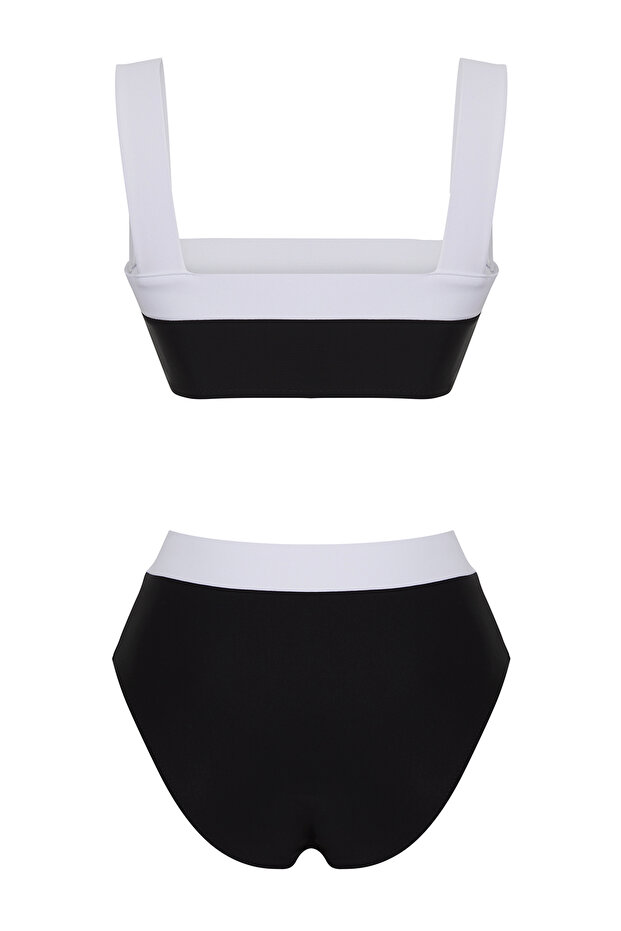 Siyah-Beyaz Renk Bloklu Biyeli Bralette Kaplı Hipster Yüksek Bel Bikini Takımı TBESS25BT00062 - 7