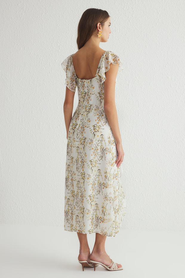 Biała, kwiatowa, falbaniasta sukienka maxi z szyfonu w kształcie litery A z lejącej tkaniny TWOSS25EL00019 - 5