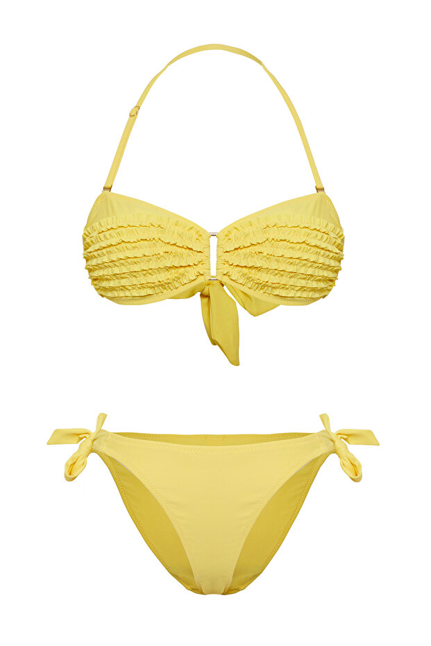 Sarı Fırfırlı Straplez Kaplı Regular Normal Bel Bikini Takımı TBESS25BT00021 - 5