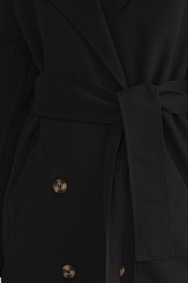 Siyah Oversize Geniş Kesim Kuşaklı Su İtici Uzun Trençkot TWOSS21TR0005 - 3