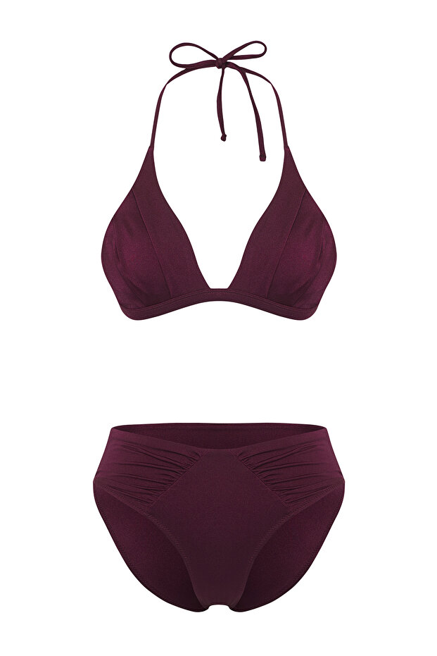 Mürdüm Drapeli Üçgen Kaplı Hipster Yüksek Bel Bikini Takımı TBESS25BT00049 - 5