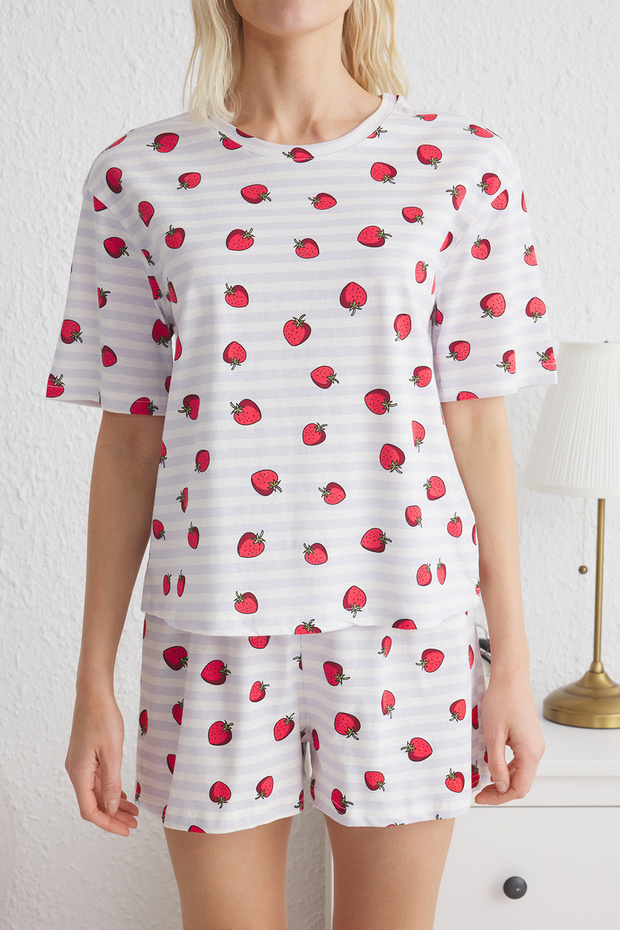 Çok Renkli %100 Pamuklu Çizgili ve Çilek Desenli Şortlu Örme Pijama Takımı THMSS25PT00087 - 2