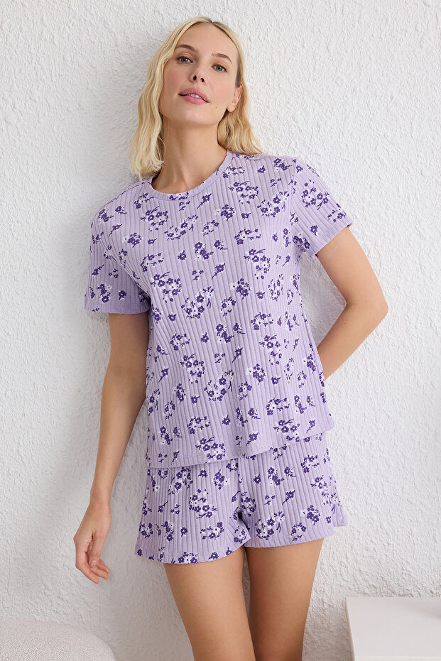 Lila Çiçekli Fitilli T-shirt & Şortlu Örme Pijama Takımı THMSS25PT00015 - 2
