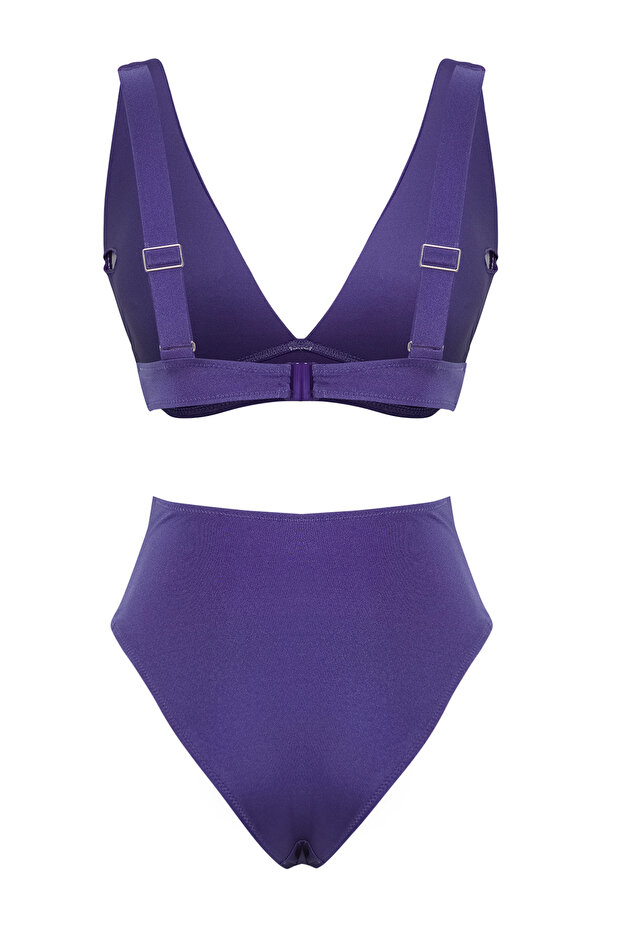 Mavi Drapeli Üçgen Kaplı Brazilian Yüksek Bel Bikini Takımı TBESS25BT00006 - 7