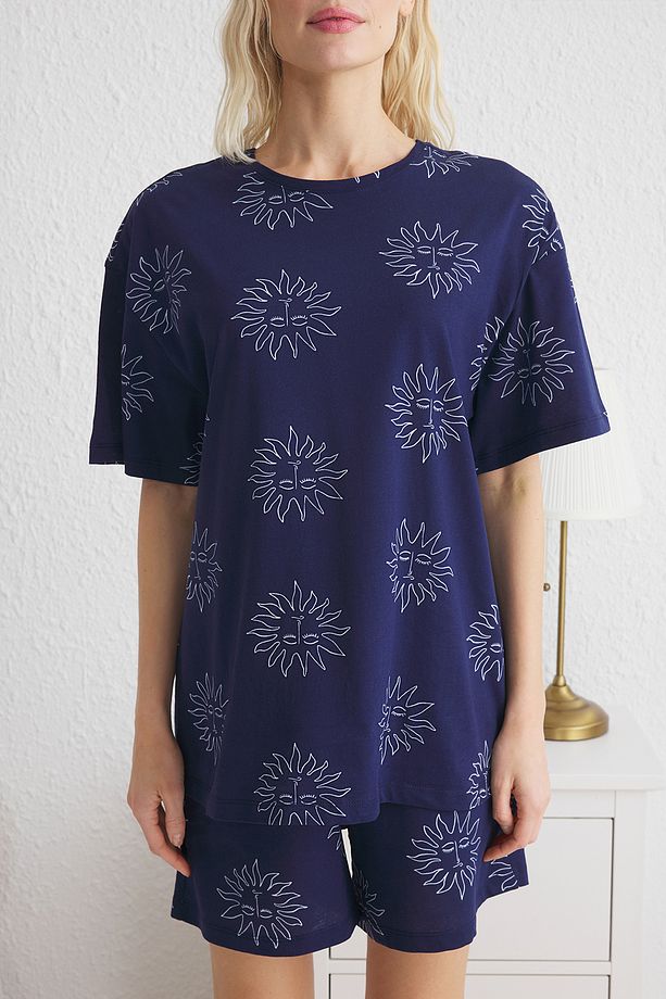 Lacivert %100 Pamuklu Güneş Desenli Şortlu Örme Pijama Takımı THMSS25PT00139 - 5