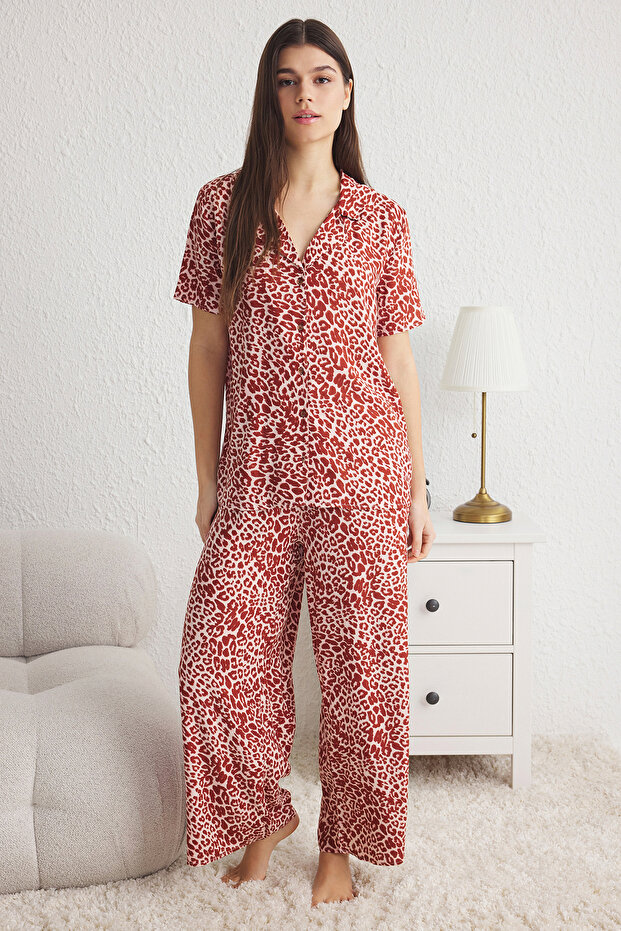 Çok Renkli Leopar Desenli Viskon Dokuma Pijama Takımı THMSS25PT00030 - 2