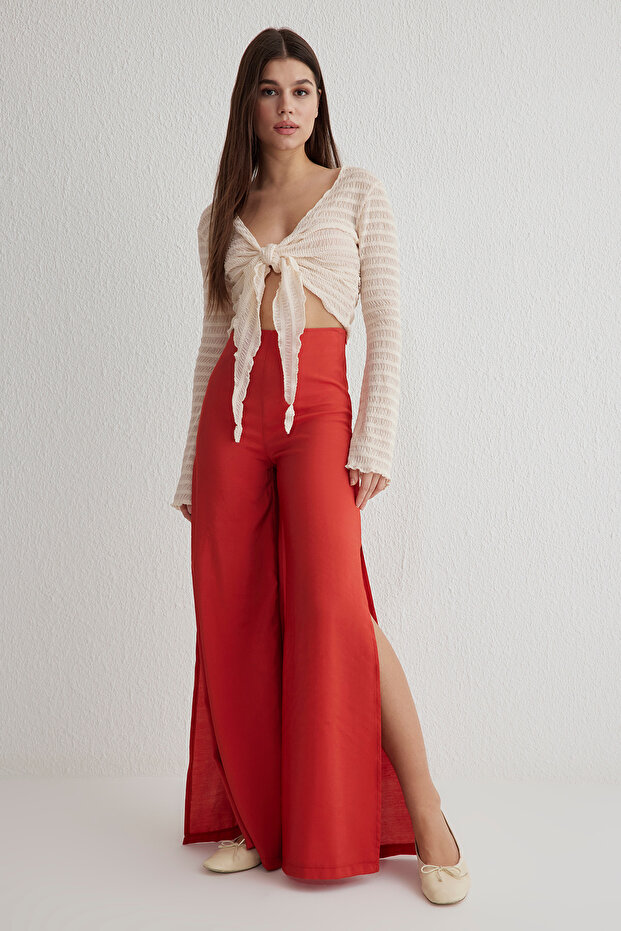 Kırmızı Modal Wide Leg / Geniş Paça Yüksek Bel Yırtmaçlı Dokuma Pantolon TWOSS25PL00006 Palazzo - 2