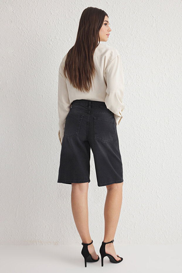 Siyah Yüksek Bel Denim Bermuda TWOSS25SR00017 - 5