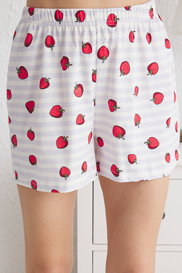 Çok Renkli %100 Pamuklu Çizgili ve Çilek Desenli Şortlu Örme Pijama Takımı THMSS25PT00087 - 4