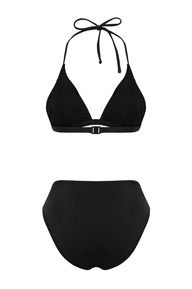 Siyah Drapeli Üçgen Kaplı Hipster Yüksek Bel Bikini Takımı TBESS25BT00049 - 7