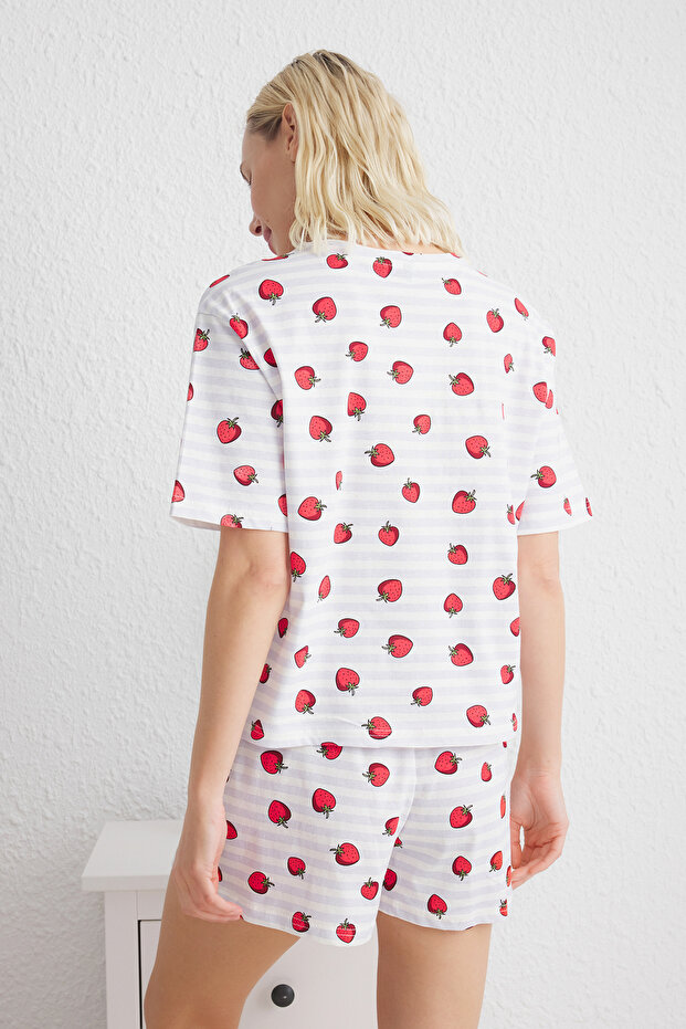 Çok Renkli %100 Pamuklu Çizgili ve Çilek Desenli Şortlu Örme Pijama Takımı THMSS25PT00087 - 5