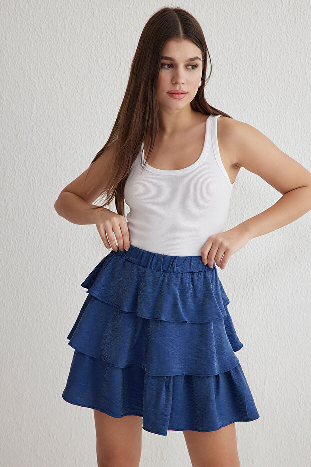 Lacivert Eteği Fırfır Detaylı Beli Lastikli Mini Boy Dokuma Etek TWOSS25ET00047 - 3