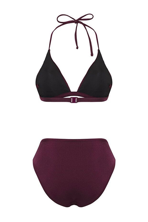 Mürdüm Drapeli Üçgen Kaplı Hipster Yüksek Bel Bikini Takımı TBESS25BT00049 - 6