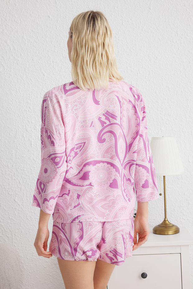 Pembe Etnik/Bohem Desenli Bağlamalı/Fiyonklu Viskon Şortlu Dokuma Pijama Takımı THMSS23PT00165 - 5