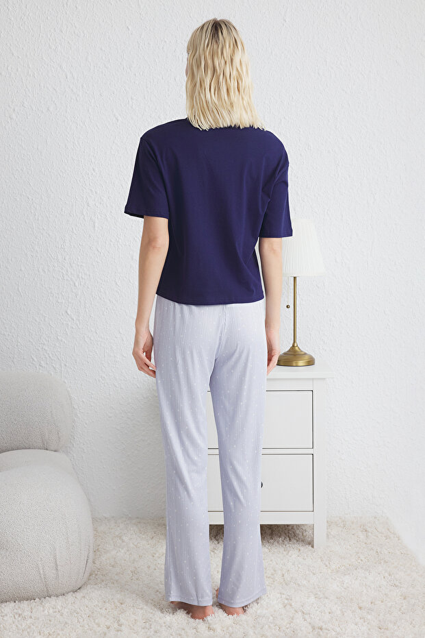 Mavi Yıldız Desenli Cep Detaylı Örme Pijama Takımı THMSS25PT00123 - 5
