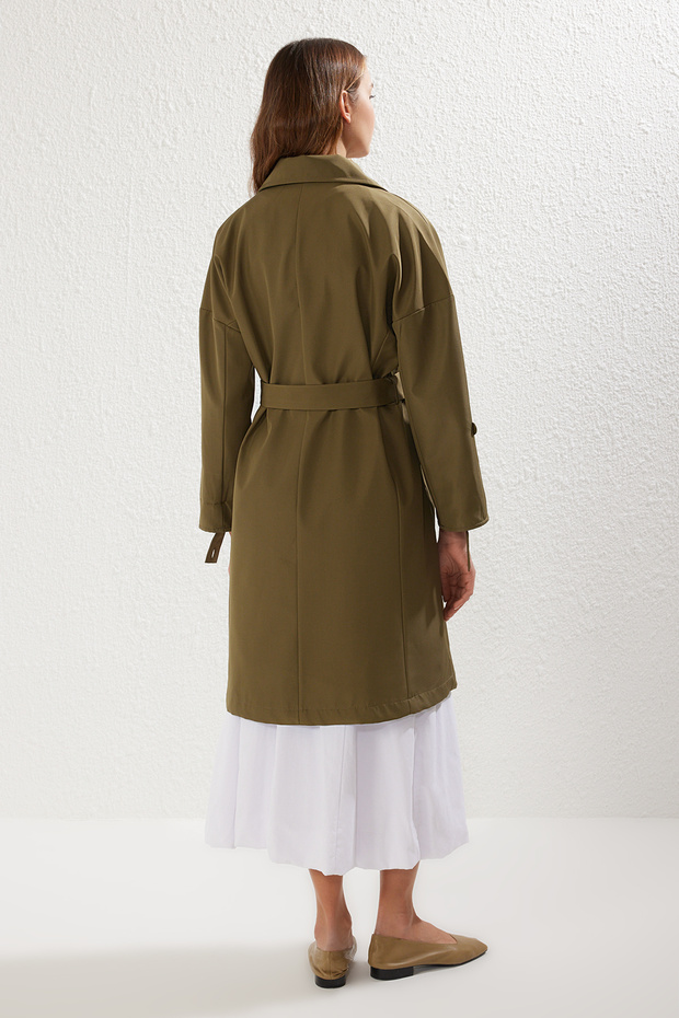 Haki Oversize Kuşaklı Su İtici Uzun Trençkot TWOAW24TR00019 - 5