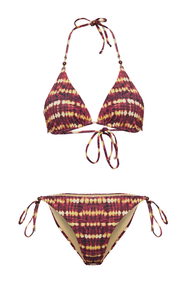 Batik Desenli Aksesuarlı Üçgen Kaplı Brazilian Normal Bel Bikini Takımı TBESS25BT00025 - 5
