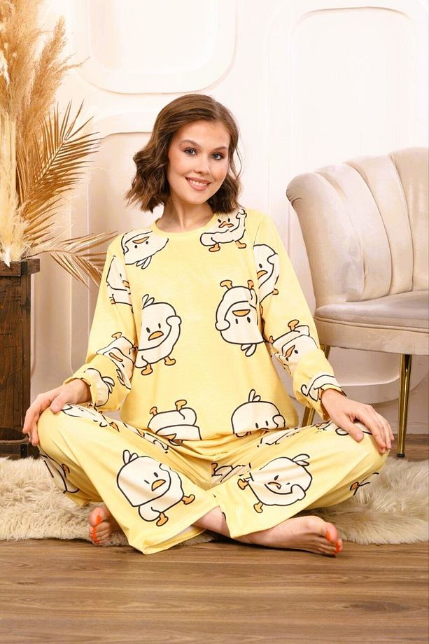 Civciv Desenli Bisiklet Yaka Uzun Kol Kadın Pijama Takımı Civcivli New Check Supersoft - 4