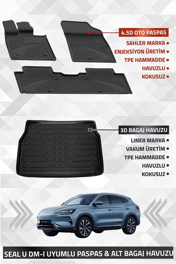 BYD Seal U Dm-i 2024+ Uyumlu LİNER Marka 3D Kulaksız ALT Bagaj Havuzu + SAHLER 4.5D Oto Paspas - 1