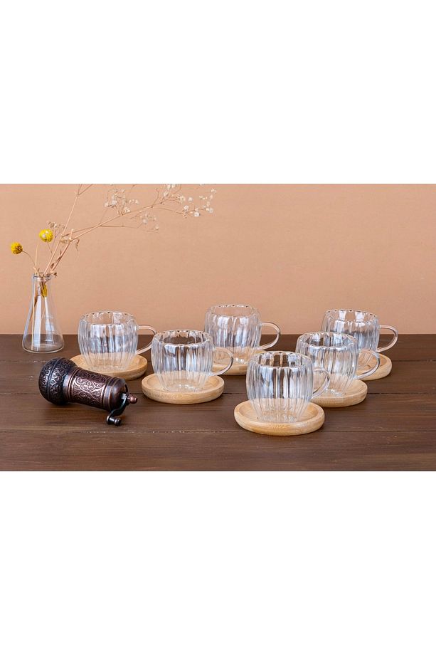 6’lı Bambu Tabaklı Çift Cidarlı Kahve Fincan Takımı Cidarlı Fincan Seti 80 ml 12 Parça - 8