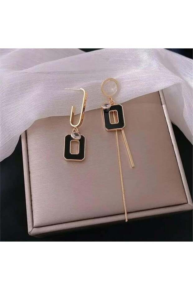 Asymmetric Dangle Black Rectangular Earrings - 3