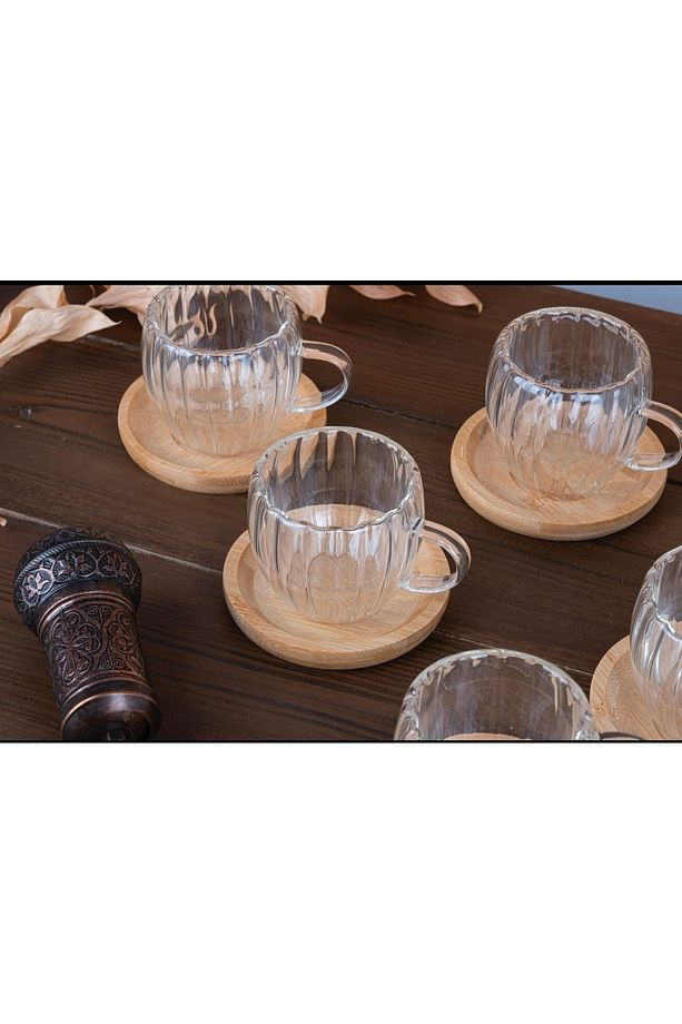 6’lı Bambu Tabaklı Çift Cidarlı Kahve Fincan Takımı Cidarlı Fincan Seti 80 ml 12 Parça - 4
