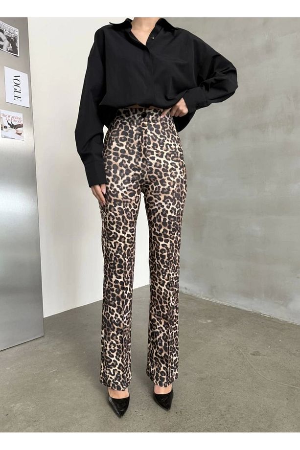 Kadın Kahve Leopar Desenli Jakarlı Çimalı Geniş Paça Kalem Pantolon - 5