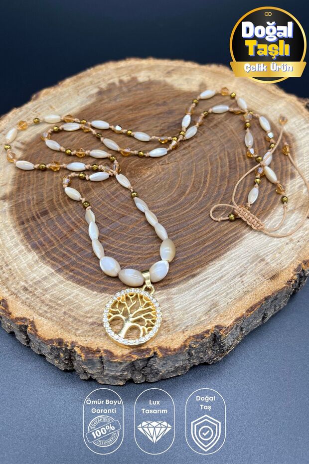 Handmade Gold Color Knot Zircon Tree of Life Design Mala Modern Long Women Natural Stone Necklace