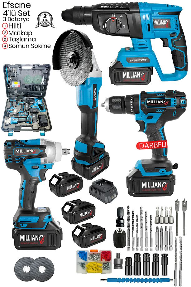 3 Bataryalı Profesyonel Şarjlı 4'lü Set 2-26 Hilti - Taşlama - 13 mm Darbeli Matkap - Somun Sıkma - 2