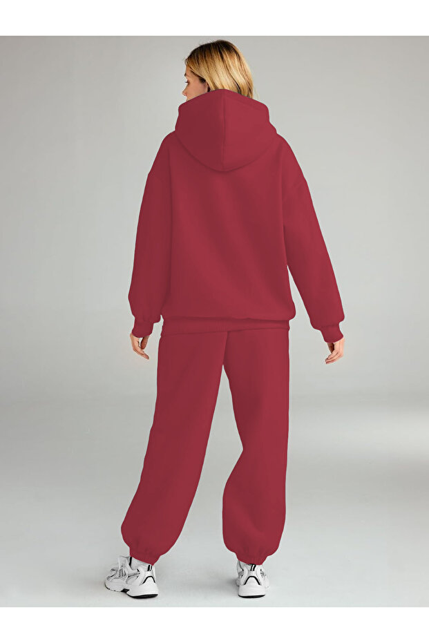 Kadın 3iplik Şardonlu Oversize Kalın Kışlık Basic Baskısız Eşofman Takımı - 3