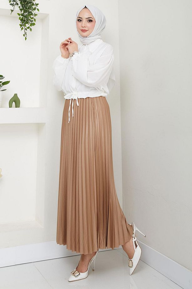 Beli Lastikli Deri Görünümlü Sık Piliseli Etek Camel HM2655 - 3
