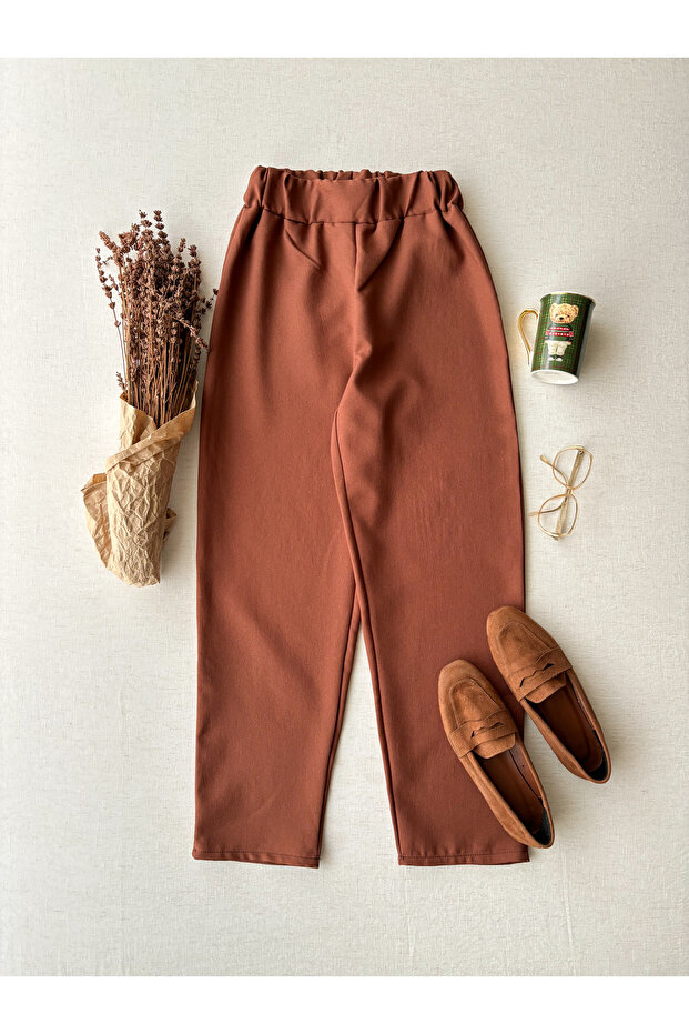 Brown Elastic Waist Crepe Trousers