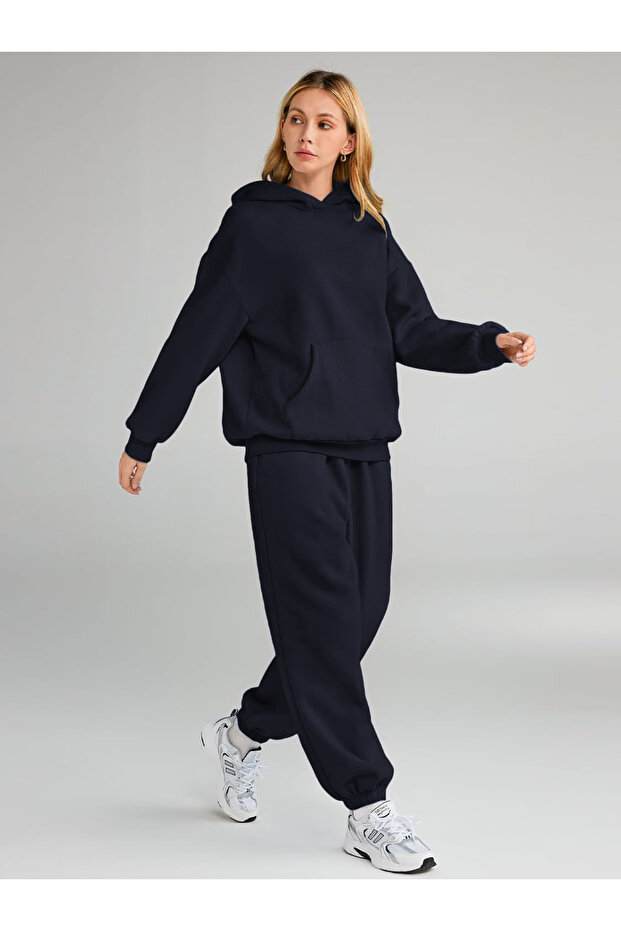 Women's 3-String Raised Oversize Thick Winter Basic Unprinted Tracksuit Set - 1