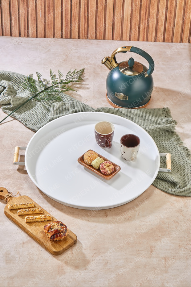 51 cm Large Size Metal Tray with Wooden Handle Tea Coffee Presentation Tray White