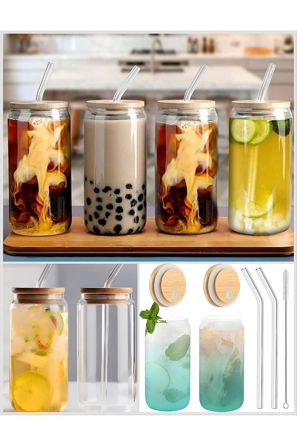 2 Adet Bambu Kapakllı- Pipetli - Borosilikat Cam Bardak- 500 ml +Temizlik Fırçası Pinterest Bardak - 1
