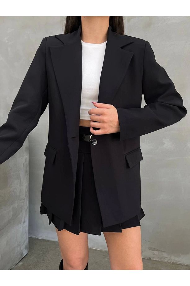 Kadın Siyah Tek Düğmeli Blazer Günlük Spor Ceket - 1