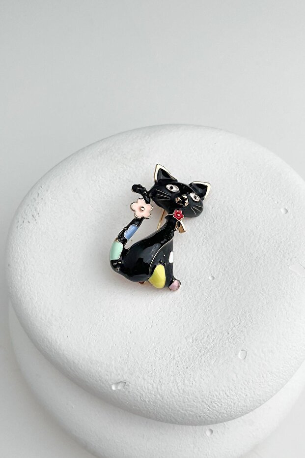 Siyah Mineli Renkli Mineli Sevimli Kedi Broş (4CM) - 2