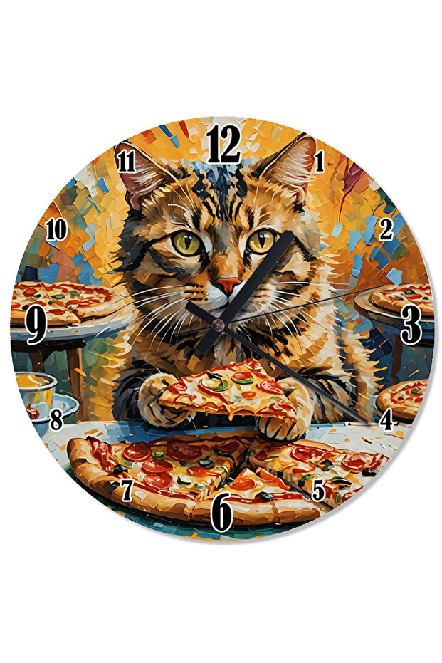 Pizza Loving Cat Patterned Wall Clock - 1
