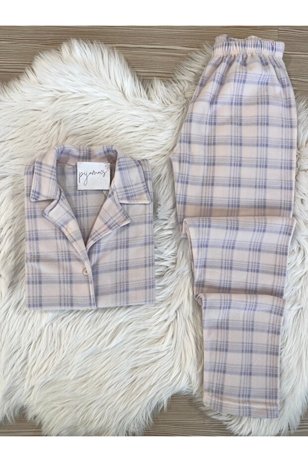 Pink Plaid Print Front Button Fleece Pajamas Set