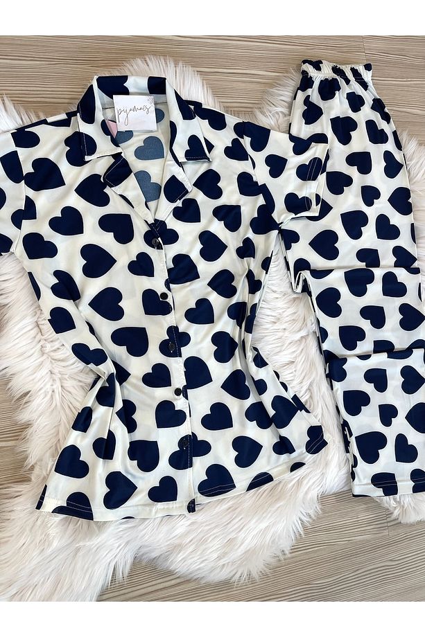 Lacivert Kalp Desenli Kısa Kol Gömlek Yaka Örme Pijama Takımı - 6