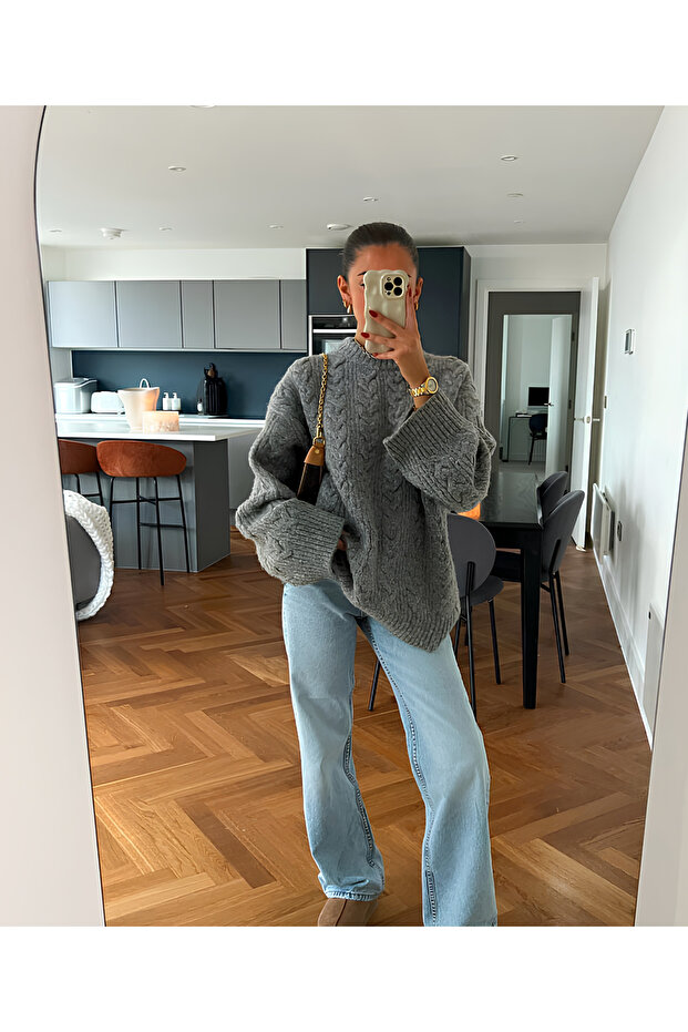 Women's Hair Knit Patterned Oversize Long Sleeve Knitwear Sweater