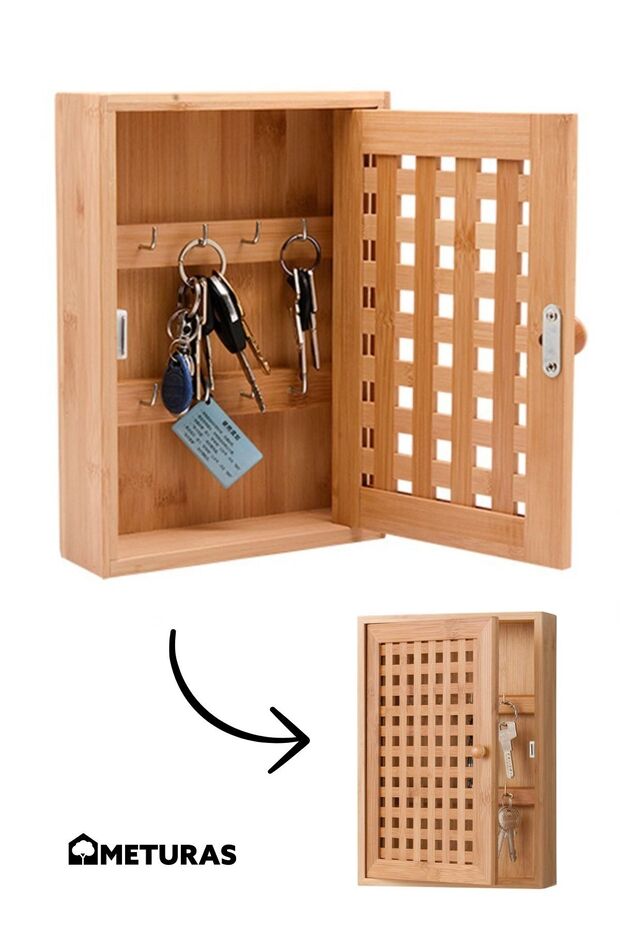 Bamboo Wall Mounted Keychain Box - Natural Wood Key Organizer (27.2X19.1X6.3Cm)