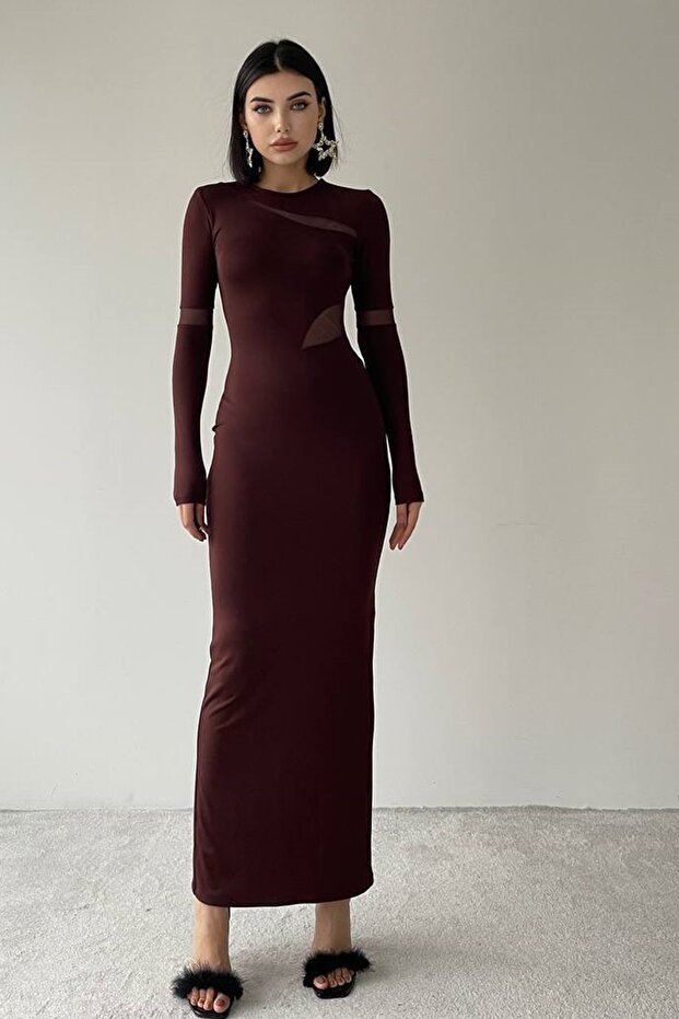 Brown Stretchy Fabric See-Through Detail Long Sleeve Back Slit Maxi Dress 275