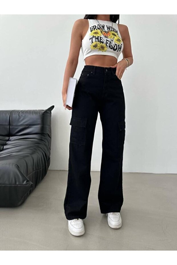 Black Colorfast Six Pocket Cargo Pants High Waist Wide Leg