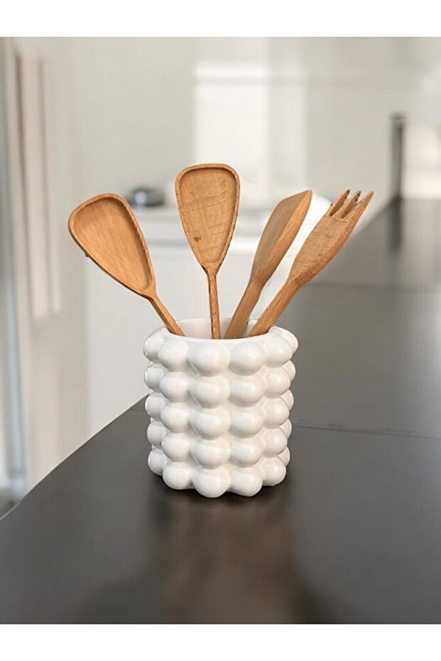 Gözdehobi Countertop Spoon Holder | White Bubble Vase 5 Beaded Design Spoon Holder