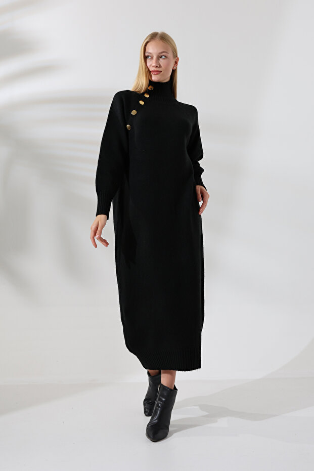Half Turtleneck Stand Collar Long Sleeve Asymmetrical Button Detail Soft Textured Full Ankle Length Knitwear Dress