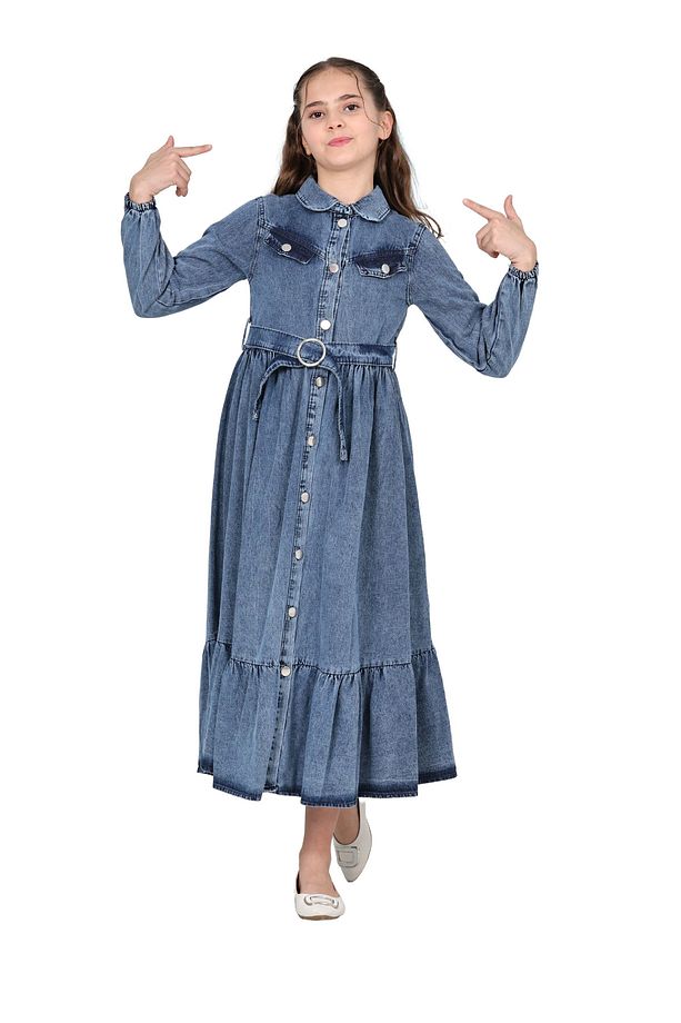Kız Çocuk Kot Elbise  Denim Kumaş Pamuklu Uzun Kot Jean Elbise - 5